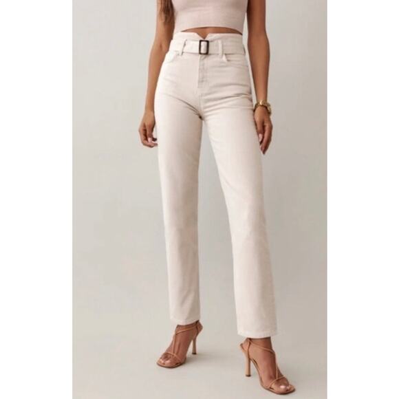 Reformation Cynthia Belted High Rise Straight Jeans in Bone, 27 - Picture 1 of 9
